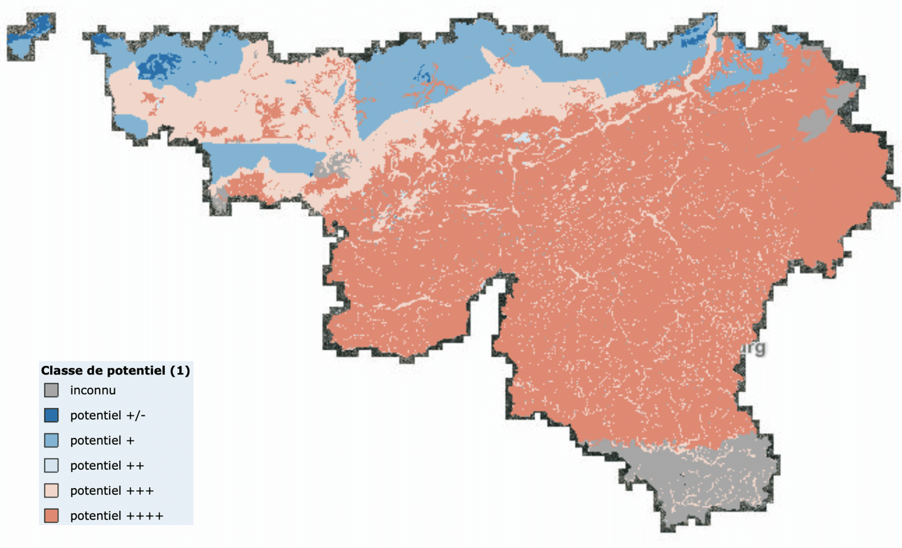 Carte du potentiel des systèmes géothermiques fermés peu profonds en Wallonie