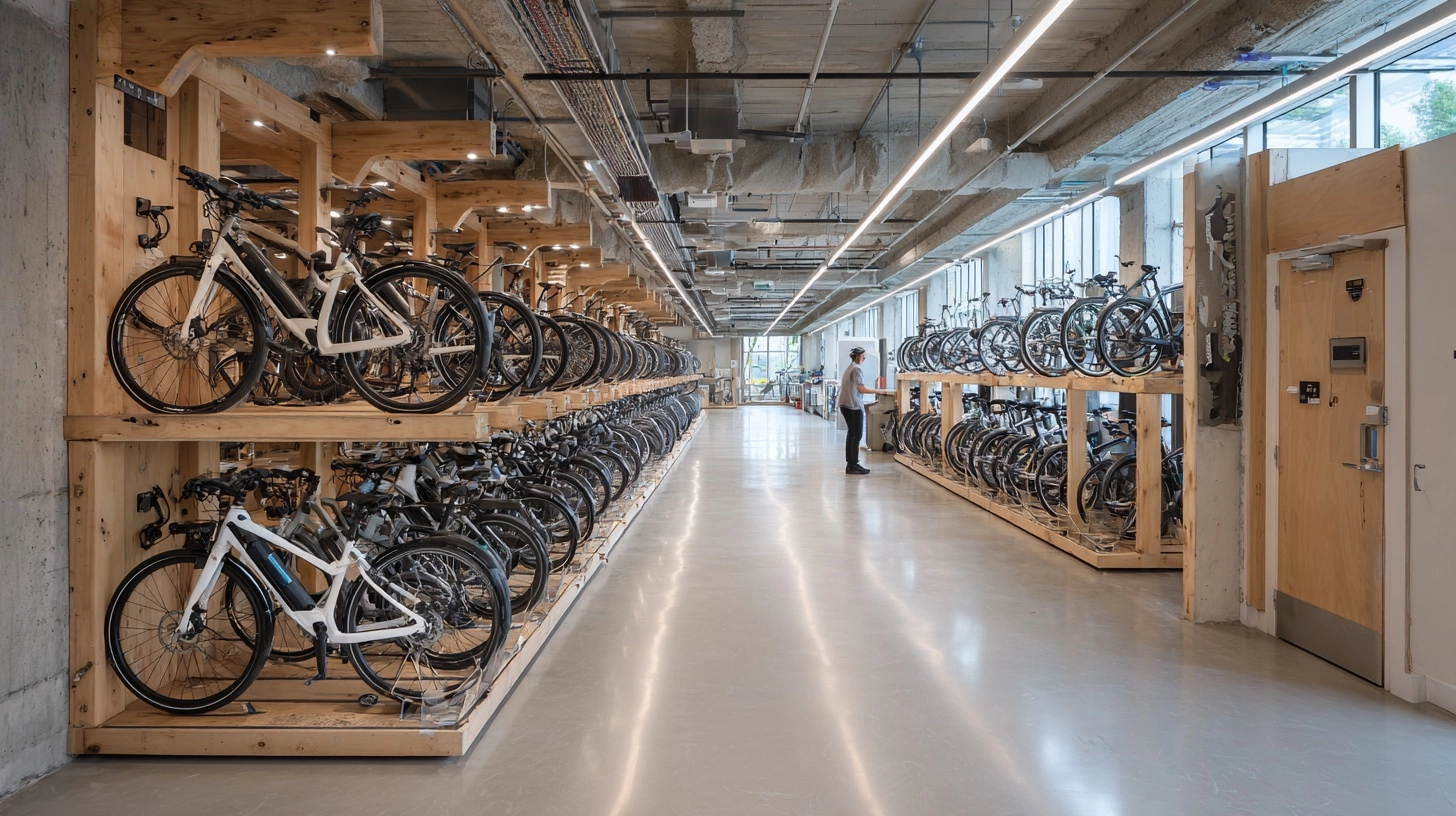 Local vélo sécurisé avec bornes de recharge dans un bâtiment tertiaire