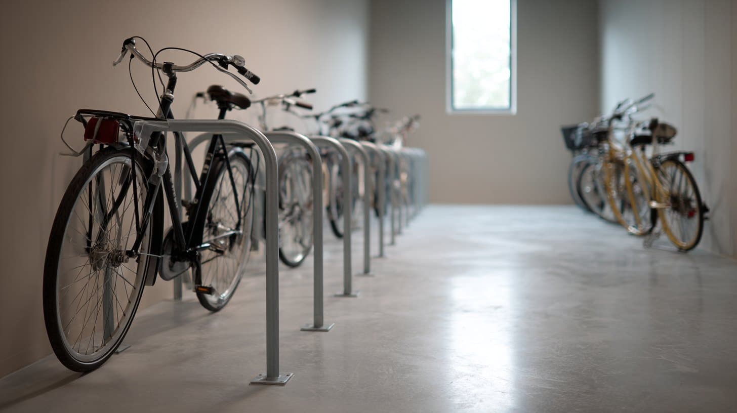 Local vélo intérieur sécurisé équipé de supports permettant d’attacher le cadre