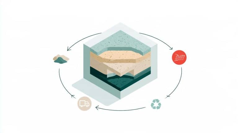 Illustration : coupe d'une paroi isolée et cycle de vie des matériaux