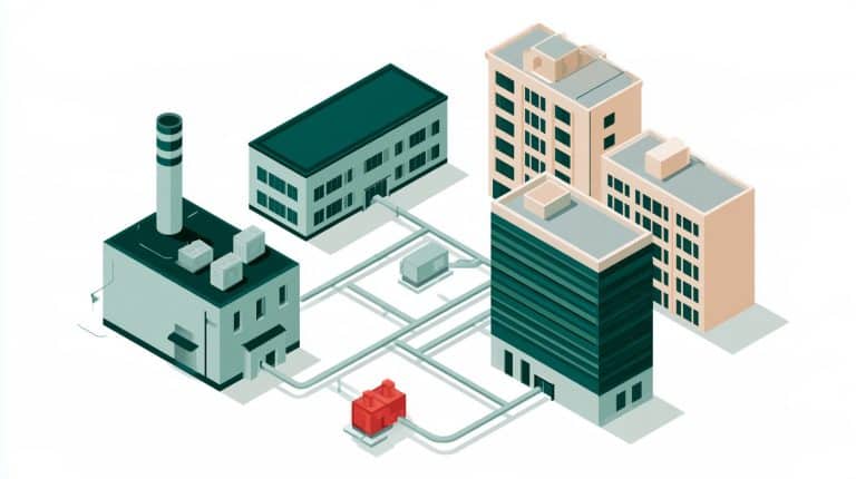 Illustration : réseau de chaleur alimentant une école, des bureaux et des logements