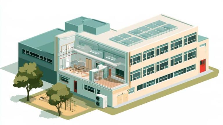 Illustration : école en coupe, isolation, nouvelles menuiseries, ventilation, éclairage LED et panneaux solaires