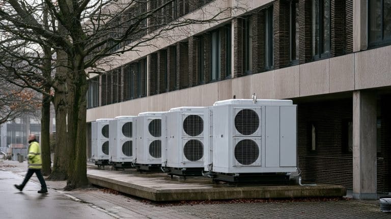 Rangée de pompes à chaleur air/eau installées le long d'un bâtiment public