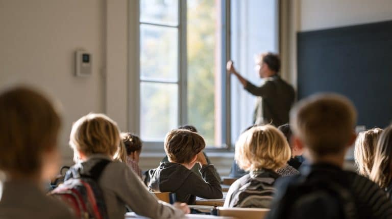 Classe d'école primaire, enseignant ouvrant une fenêtre pour aérer