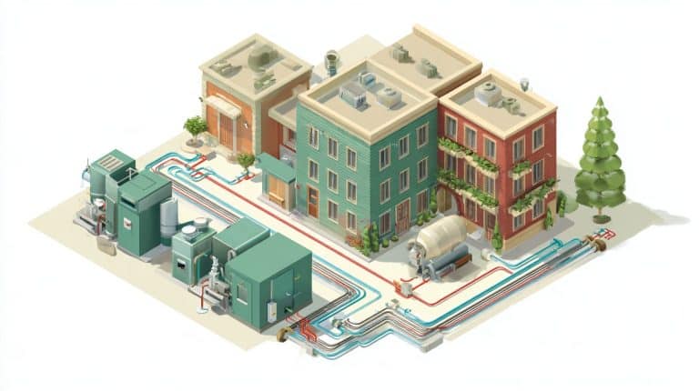 Illustration isométrique d'une boucle thermique de quartier : centrale, canalisations aller-retour et bâtiments raccordés